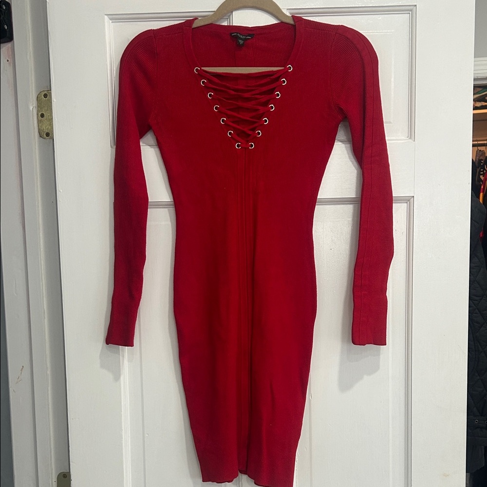 Guess Red Lace-Up Ribbed Long Sleeve Bodycon Dress